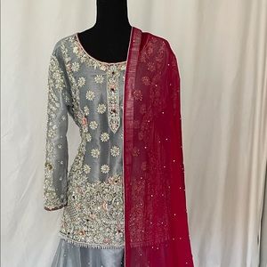 Gray and red Pakistani suit with Shararah -